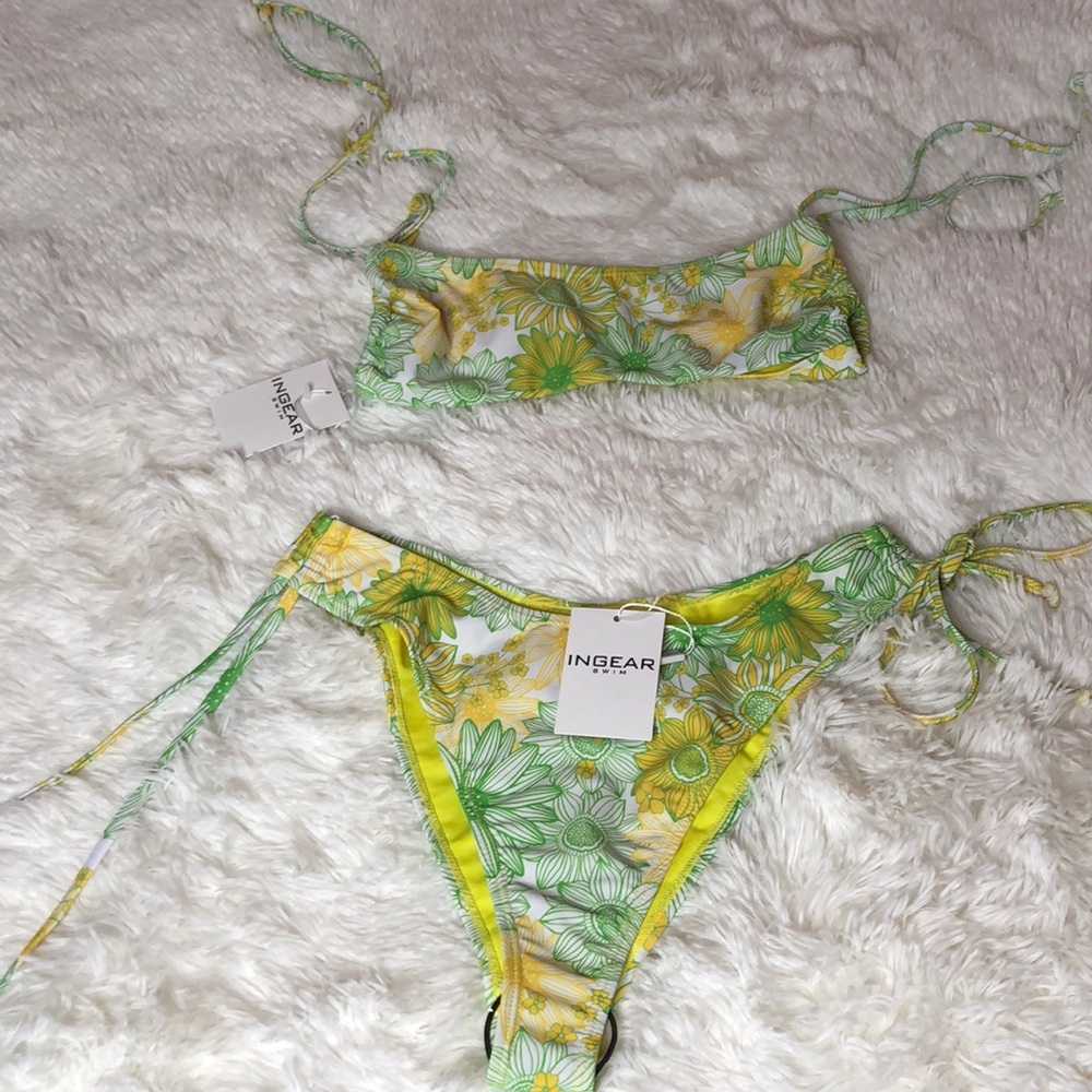 INGEAR Swim Bikini Top Size Medium Bottoms Size Large Yellow White & Green NWT 💛